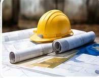 Construction safety helmet and architectural plans