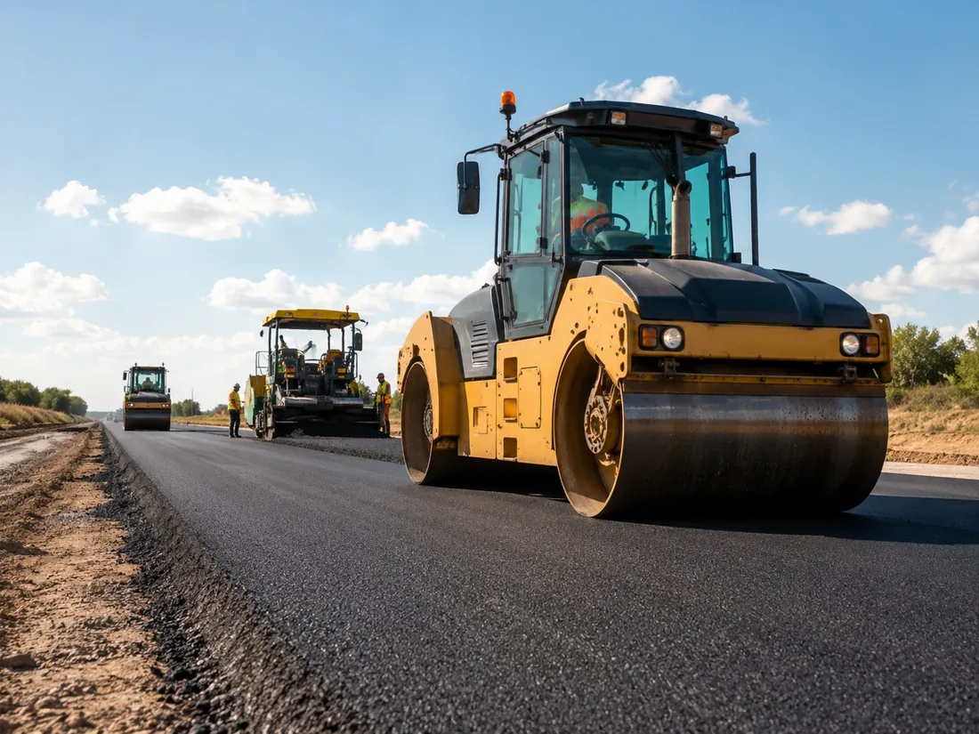 Road construction works with asphalt roller and paving equipment